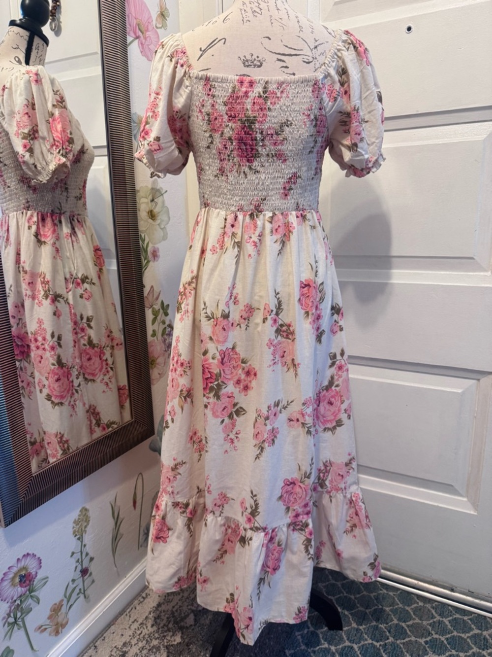 Women's Floral Midi Dress with Puff Sleeves - Cream & Pink - Picture 3 of 7
